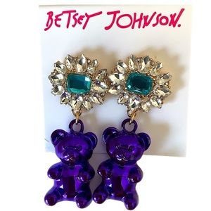 💜🧸BETSEY JOHNSON Purple Gummy Bear Drop Crystal Flower Earrings